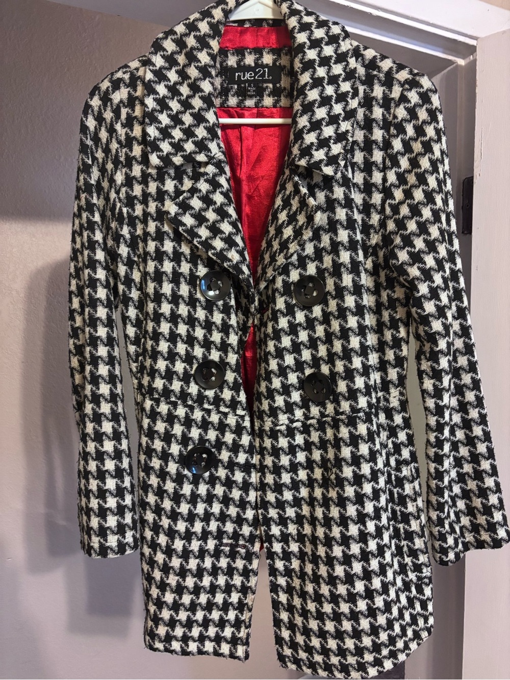 rue21 Black and White Houndstooth Double-Breasted Peacoat